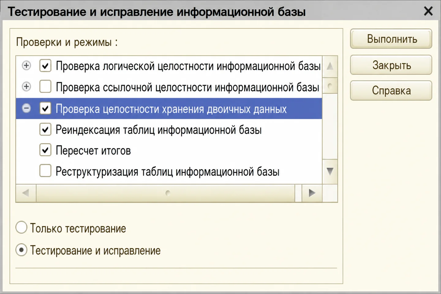 The database testing and repair window with the binary data storage integrity check selected