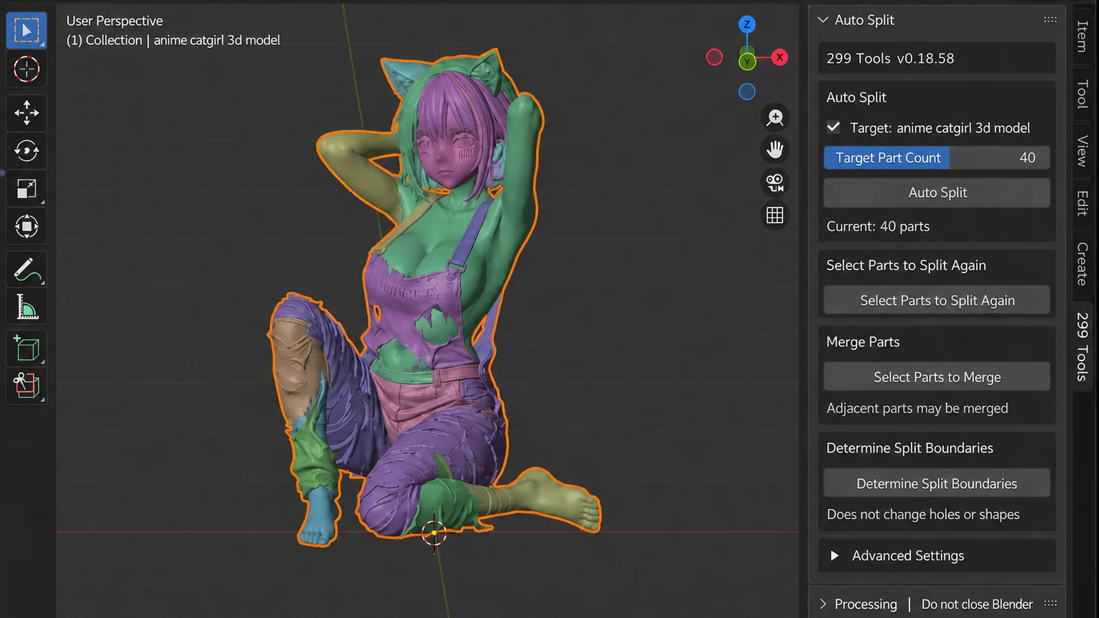 Blender с панелью 299 Tools и фигуркой, разделённой на части