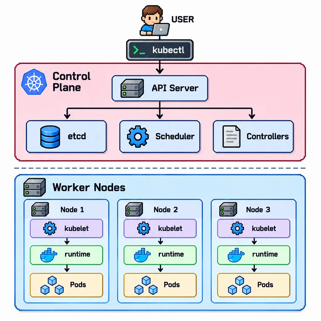 The path of a kubectl command: API Server, etcd, Scheduler, Controllers and worker nodes
