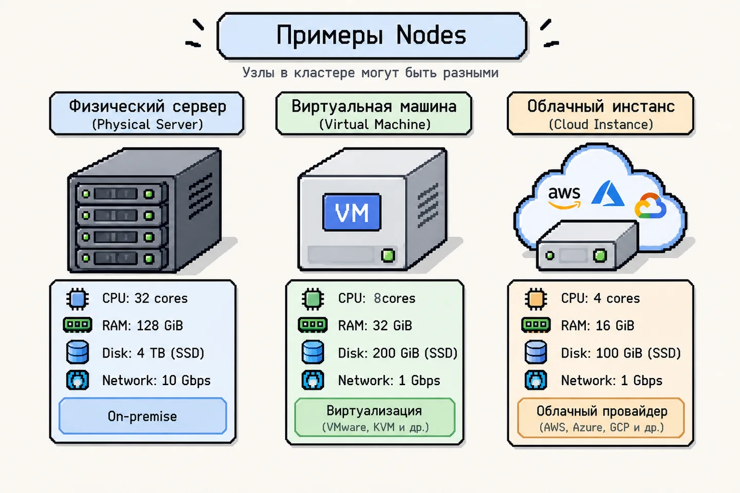 A cluster node can be a physical server, a virtual machine or a cloud instance