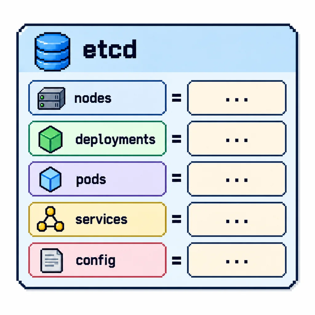 etcd stores the desired state: nodes, deployments, pods, services, configuration