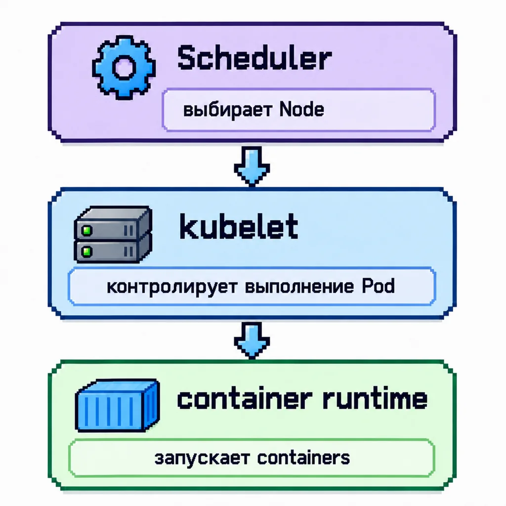 The Scheduler picks a node, kubelet supervises the pod, the container runtime starts containers