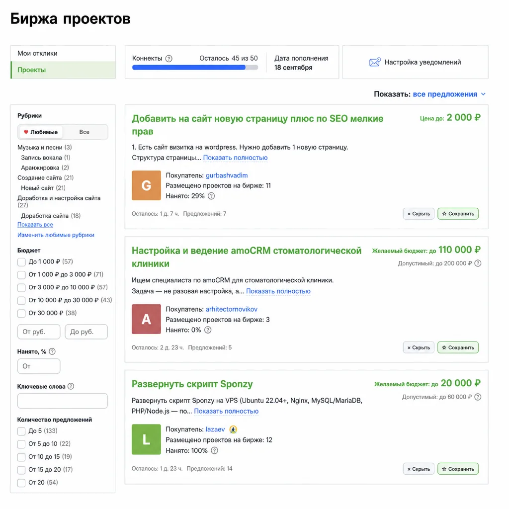 The Kwork project feed without the extension