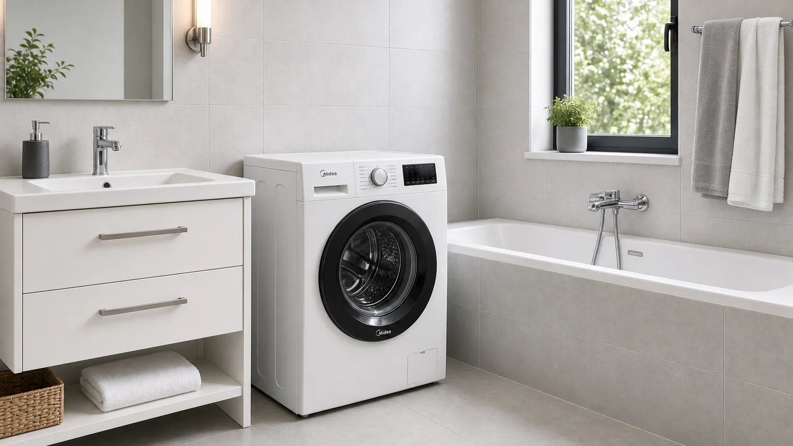 A washing machine in a bright bathroom