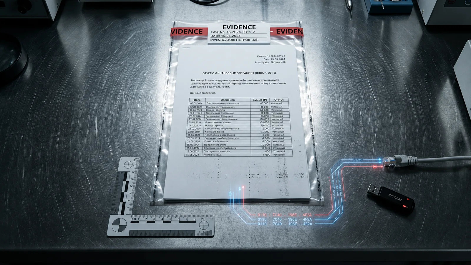 A document on a desk with a cable running to it