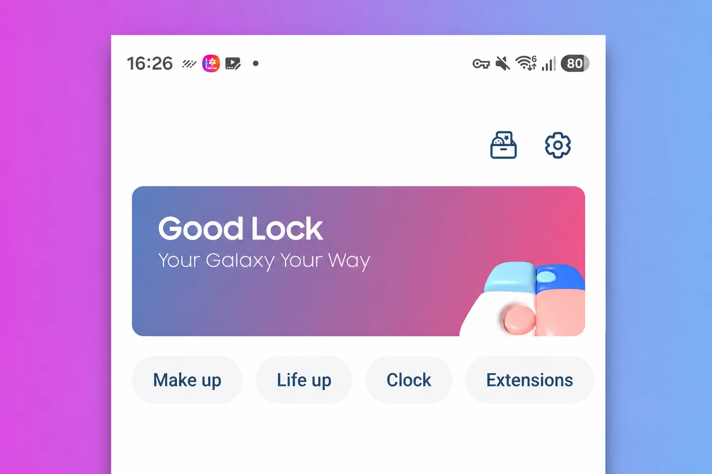 Главный экран Good Lock: разделы Make up, Life up, Clock и Extensions