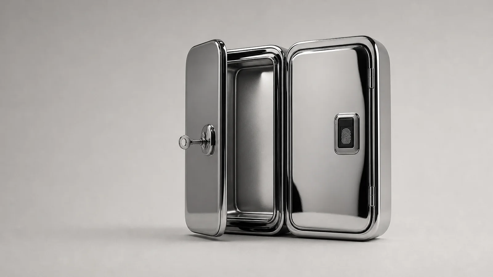 Diagram: two doors, one opened with a key, the other closed and requiring a fingerprint