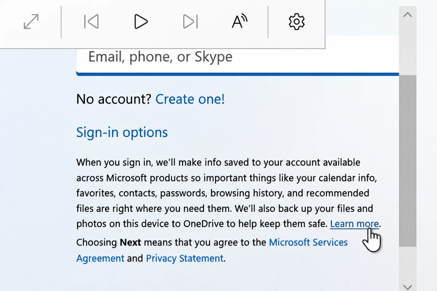 The OOBE sign-in screen: the Learn more link in the text under the sign-in options