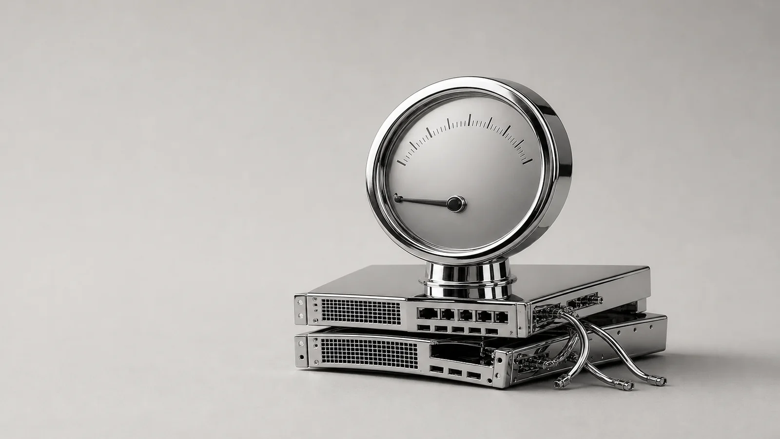 A chrome analytics gauge reading zero on a split server rack