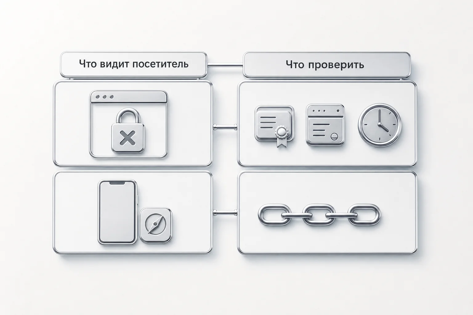Схема сопоставляет недоверие браузера к сертификату и ошибку на телефоне в Safari с проверками.