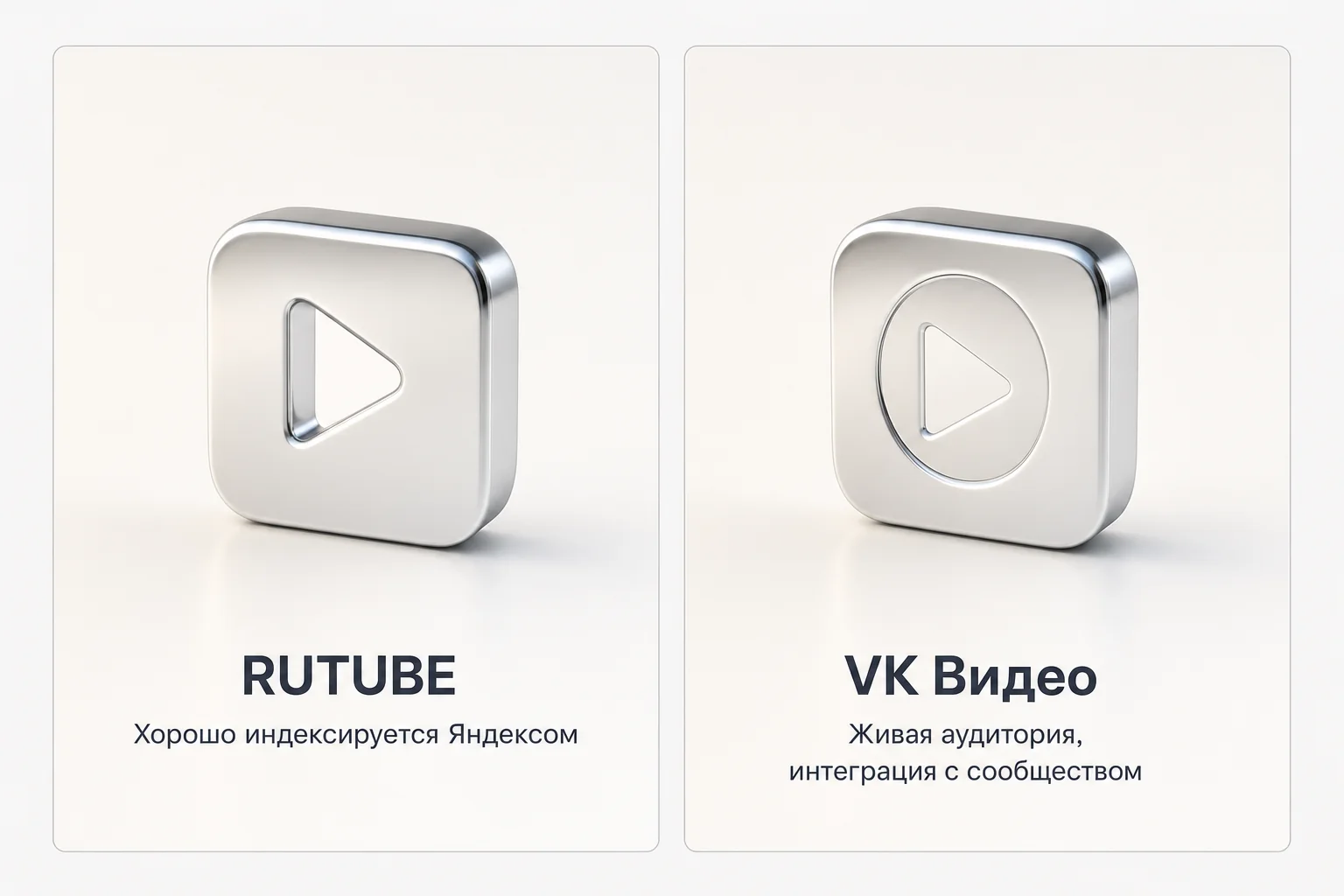 Две карточки сравнения площадок RUTUBE и VK Видео с короткими подписями