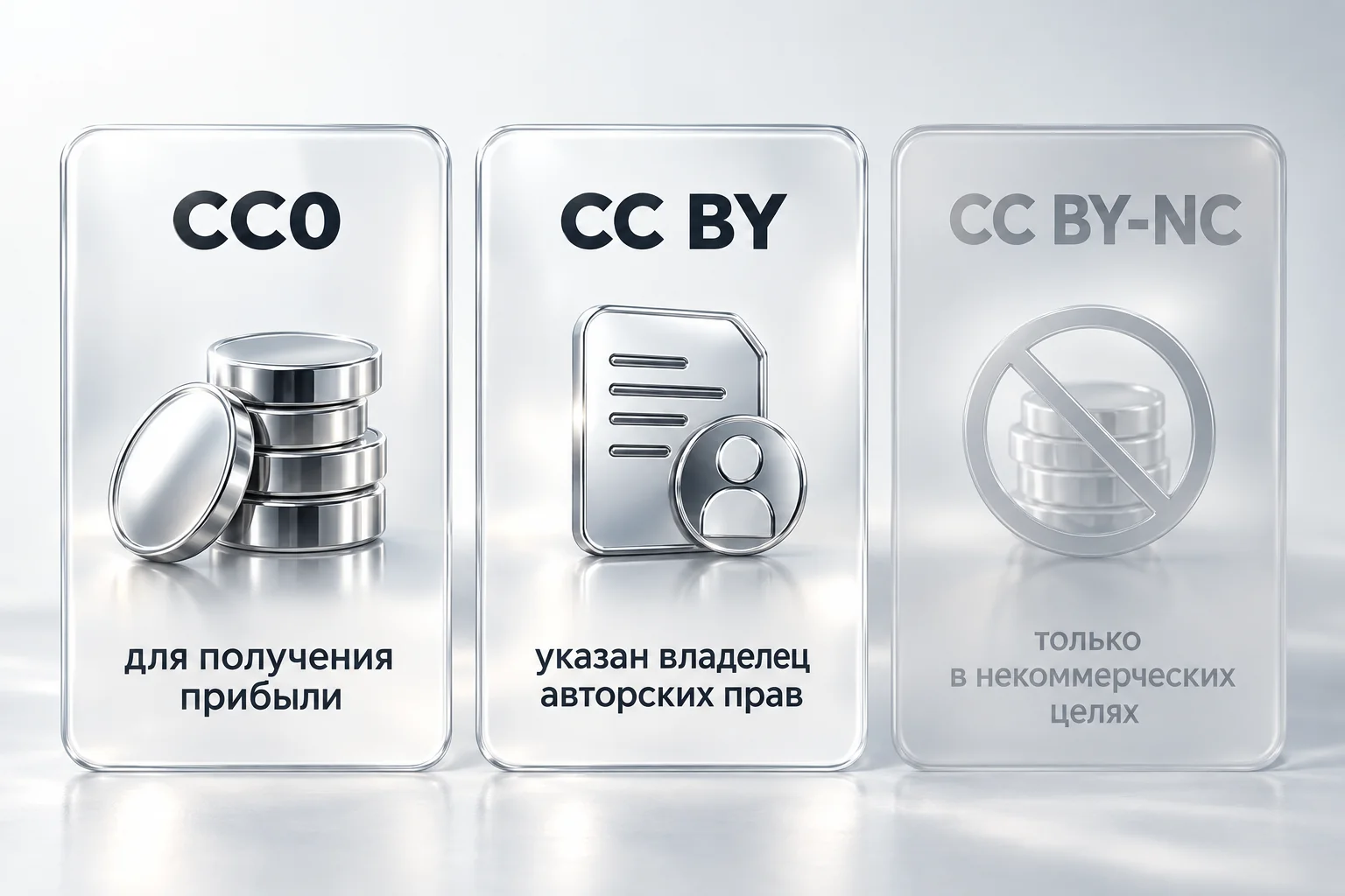 Сравнение трех лицензий: CC0 позволяет использовать фото для прибыли, CC BY требует указать владельца прав, CC BY-NC