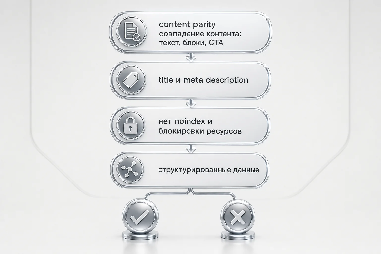 Схема из четырех этапов проверки мобильной страницы с итогом в виде готовности или необходимости исправлений.